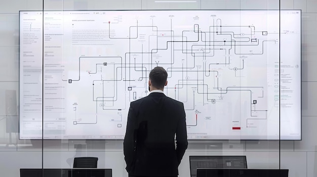 empresario que utiliza la computadora muestra el flujo del diagrama del algoritmo el esquema de jerarquía del organigrama del proceso de negocio