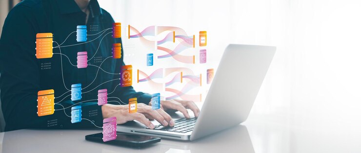 Foto empresario que utiliza una computadora portátil con sistemas de análisis y gestión de datos analista que trabaja en análisis de negocios y sistemas de gestión de datos para elaborar informes y estrategia corporativa para operaciones financieras