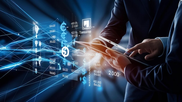 Empresario que utiliza una tableta para analizar los datos de ventas y el gráfico de crecimiento económico