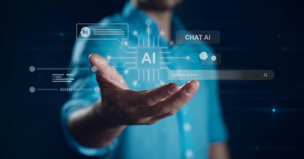 Empresario que utiliza una tableta digital con pantalla VR inteligente de IA
