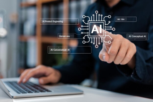 Empresario que utiliza una tableta digital con pantalla VR inteligente de IA