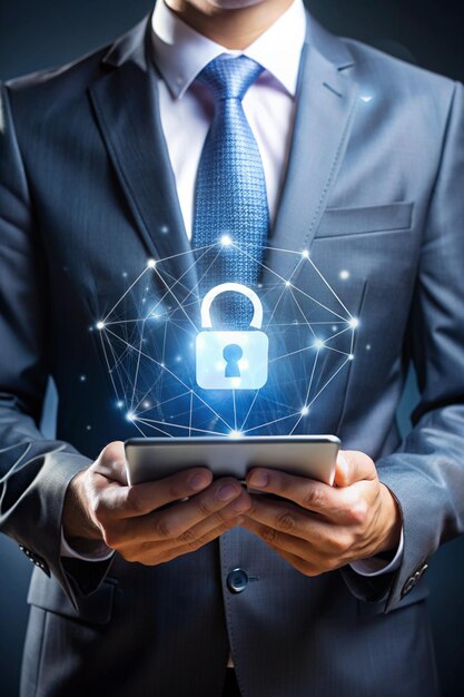 Empresario que utiliza la tableta y el icono de bloqueo con conexión a la red del cliente e intercambio de datos en pantalla virtual seguridad empresarial y concepto de ataque cibernético