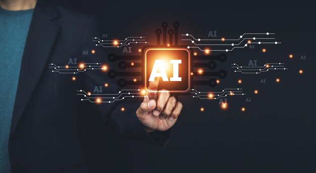 Empresario que utiliza la tecnología AI concepto de inteligencia artificial uso de automatización analítica y un cerebro autónomo gestión de grandes datos información de conexión de computadora