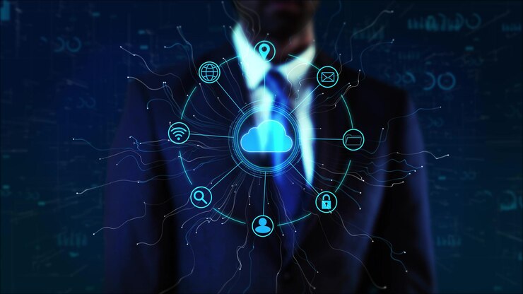 Empresario que utiliza la tecnología de computación en la nube