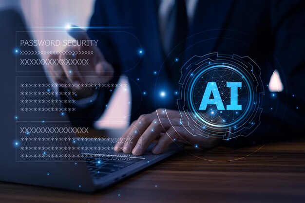 Empresario que utiliza tecnología de IA en una computadora portátil para mejorar la seguridad de contraseñas y proteger datos confidenciales demostrando innovación en ciberseguridad