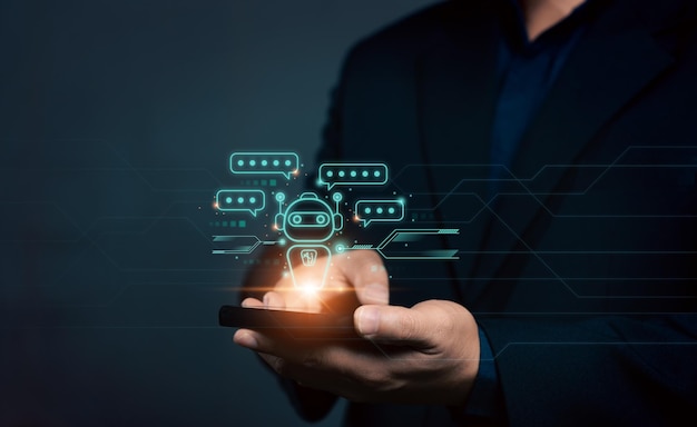 Empresario que utiliza un teléfono inteligente AI chatbot infografías AI Chatbot asistente de conversación Chatbot
