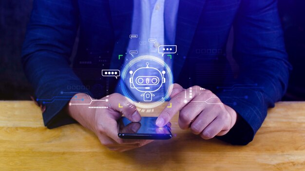Empresario que utiliza un teléfono inteligente para chatbot digital aplicación de robot asistente de conversación IA concepto de inteligencia artificial chatbot digital en pantalla virtual