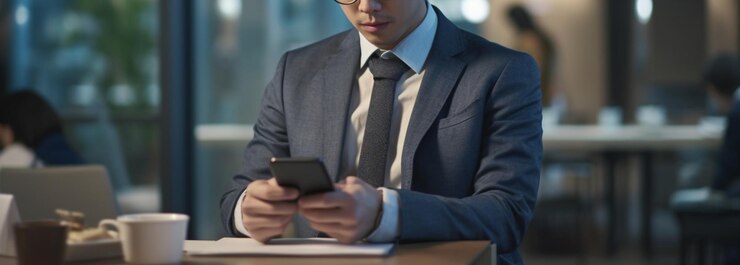 Empresario que utiliza el teléfono móvil por la noche en la oficina Concepto de negocio