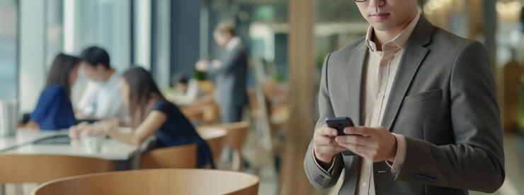 Empresario que utiliza el teléfono móvil por la noche en la oficina Concepto de negocio