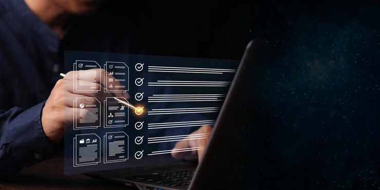 Foto empresario realice una evaluación evaluación del cuestionario de la lista de comprobación rellenando un formulario de encuesta en línea responda a las preguntas de la prueba examen de encuesta en línea elegir la respuesta correcta en el examen