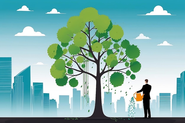Empresario regando un árbol de negocios Planificación y estrategia de crecimiento Concepto de negocio Ilustración plana vectorial Hombre en el fondo de la ciudad