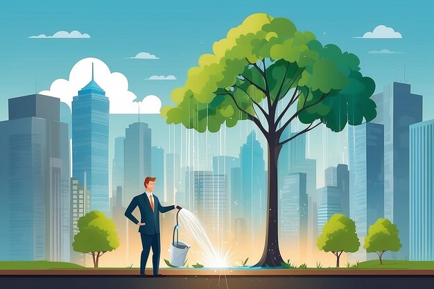 Empresario regando un árbol de negocios Planificación y estrategia de crecimiento Concepto de negocio Ilustración plana vectorial Hombre en el fondo de la ciudad