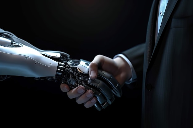 Empresario y robot dan la mano pose