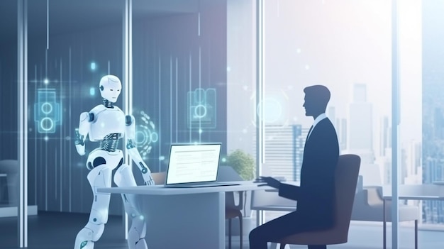 Empresario y robot trabajando juntos en la moderna oficina generativa ai