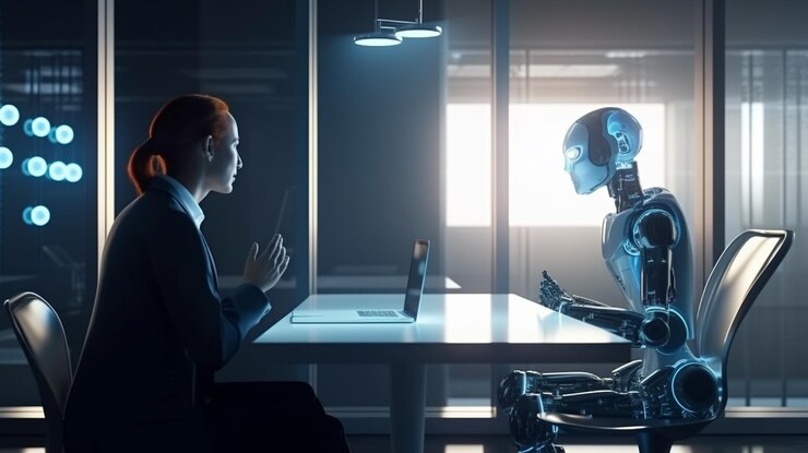 Empresario y robot trabajando juntos en la moderna oficina generativa ai