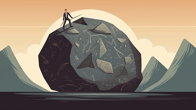 Empresário rolando uma pedra em uma montanha
