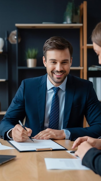 Empresario satisfecho y sonriente en traje firmando contrato en el concepto de la reunión