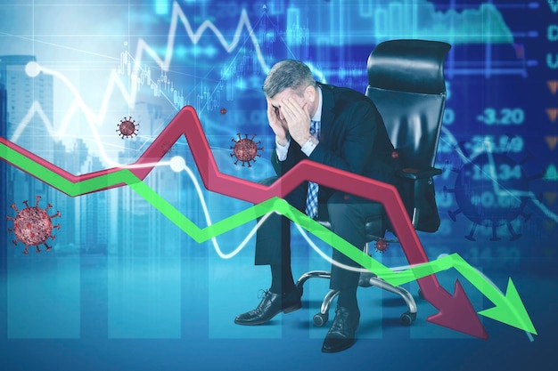 Empresário se sentindo deprimido com a seta para baixo