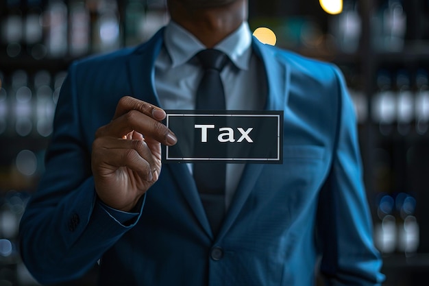 Empresário segura sinal de imposto na frente dele conceito de pagamento de imposto