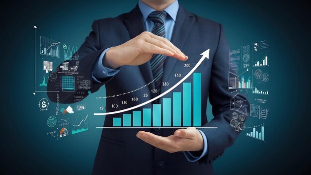 Empresário segurando análise de um gráfico de crescimento conceito de marketing digital