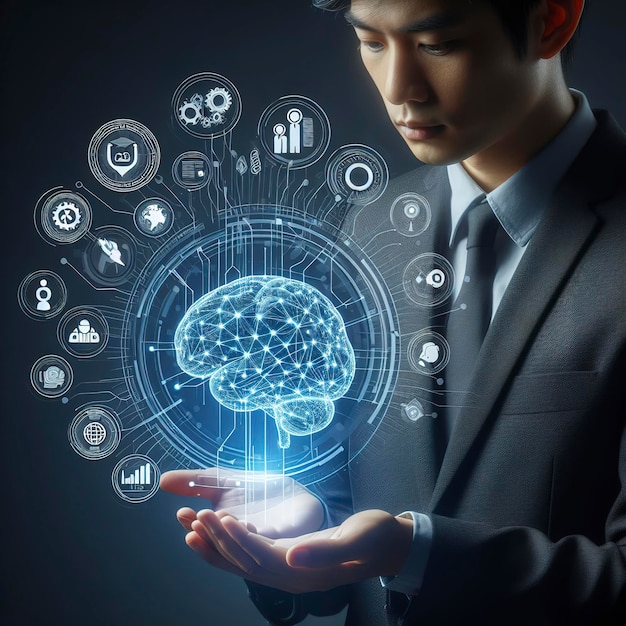 Empresário segurando cérebro humano digital e gráfico de ícone em mãos sobre fundo azul escuro