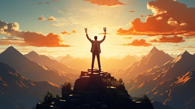 Empresário segurando o troféu no topo da montanha com o conceito de sucesso Sunset Sky Business