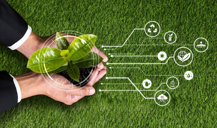 Foto empresário segurando planta verde com ícone de design digital ecológico simboliza negócios amigáveis ao meio ambiente com compromisso esg para reduzir a emissão de carbono usando energia limpa e sustentável reliance