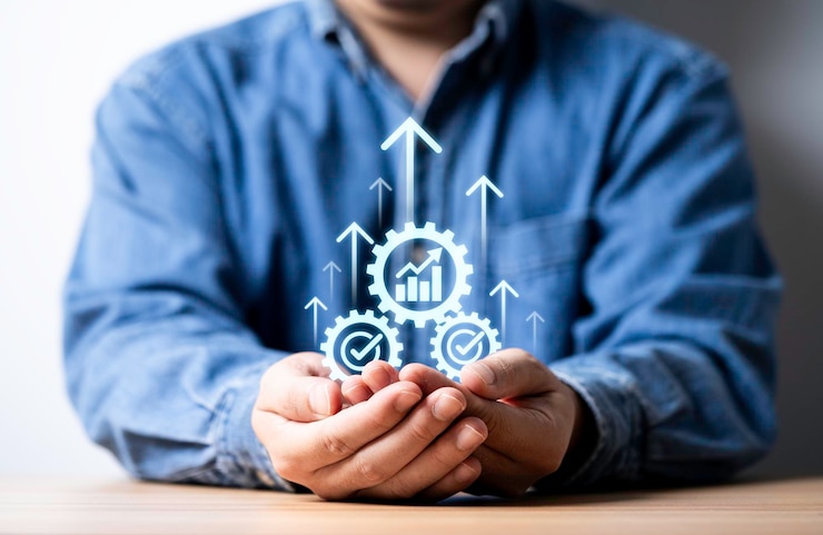 Foto empresário segurando uma flecha com engrenagem mecânica e aumentando o gráfico para a estratégia de crescimento de melhoria de negócios sobre o desenvolvimento de sucesso até o objetivo de realização e o conceito de lucro