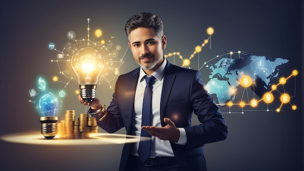 Empresário segurando uma lâmpada criativa com gráfico de crescimento e ícones bancários Inovação financeira