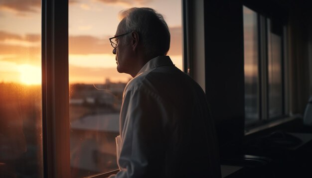 Foto empresario senior mirando por la ventana al atardecer sintiendo soledad generada por ai