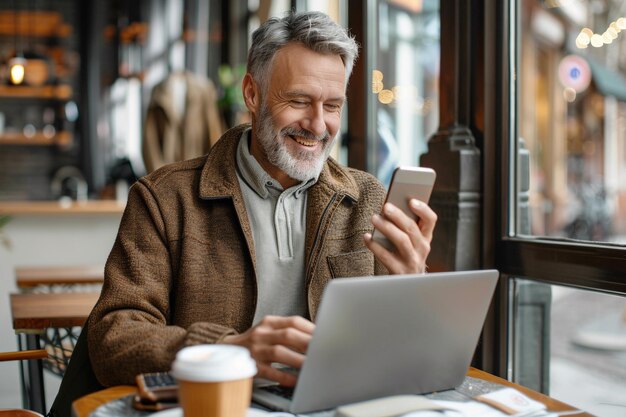 Empresario senior profesional trabajando en un café con IA generada