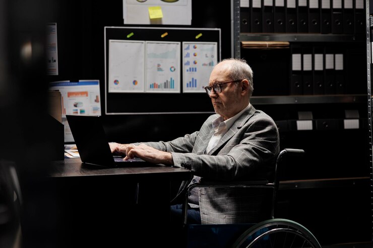 Foto empresário sênior sobrecarregado com deficiência em cadeira de rodas imputando dados analíticos administrativos no laptop. funcionário da contabilidade no repositório do gabinete de arquivos da empresa de contabilidade comercial