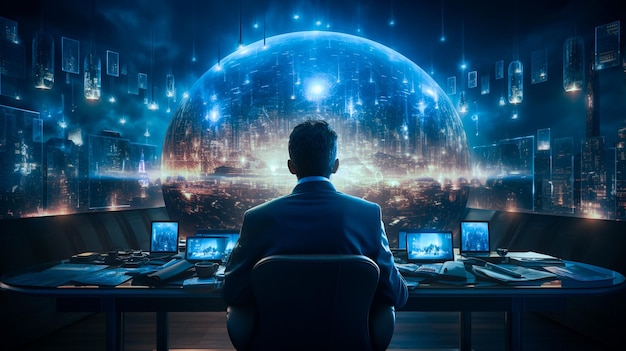 Empresário sentado em uma cadeira com as costas viradas tocando no infográfico painel hud fotografia futurista em fundo azul gerado por IA