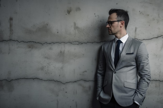 Empresário sério e contemplativo em óculos e terno em pé contra uma parede de concreto texturizado