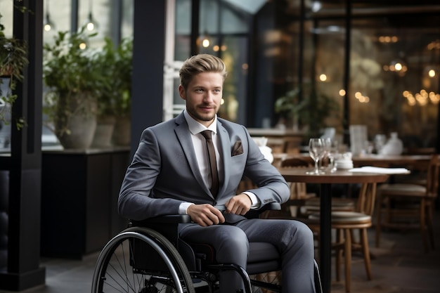 Empresario en silla de ruedas en una oficina contemporánea AI