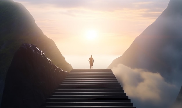 Empresário sobe escadas para o sucesso sob o sol brilhante com espírito e confiança