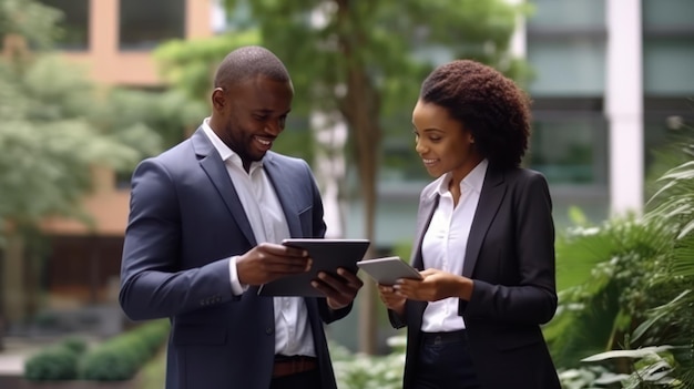 Empresario socio hombre de negocios y mujer usando tableta digital