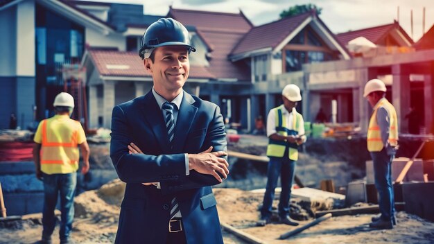 Foto empresario con sombrero fuerte antecedentes de construcción de inmuebles ingeniero supervisor capataz c