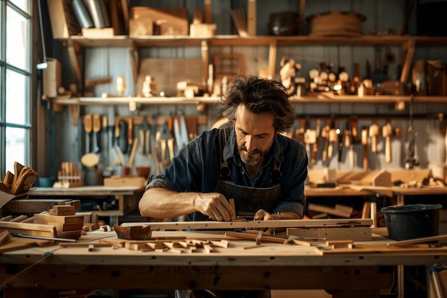 Un empresario sonriendo mientras usa herramientas de carpintería para tallar diseños intrincados en una pieza de madera recuperada