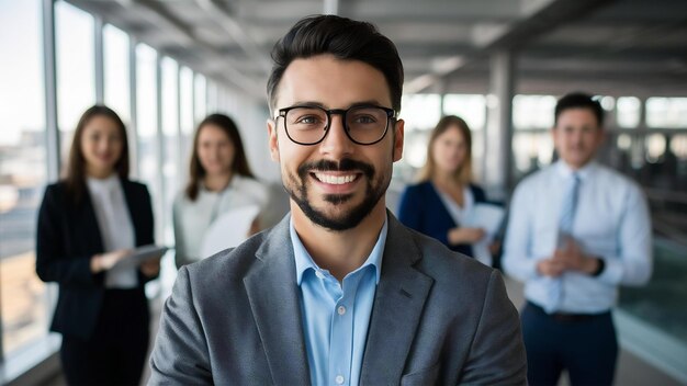 Empresario sonriente con antecedentes de compañeros de trabajo