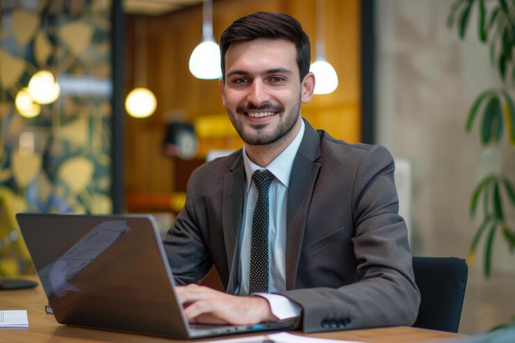 Empresario sonriente con una computadora portátil en una oficina moderna rodeado de plantas que exudan positividad y profesionalismo