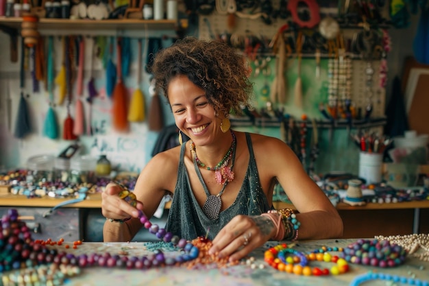Foto un empresario sonriente haciendo piezas de joyería hechas a mano en un banco de trabajo rodeado de cuentas y piedras preciosas de colores