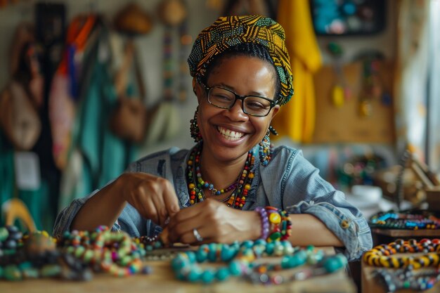 Un empresario sonriente haciendo piezas de joyería hechas a mano en un banco de trabajo rodeado de cuentas y piedras preciosas de colores