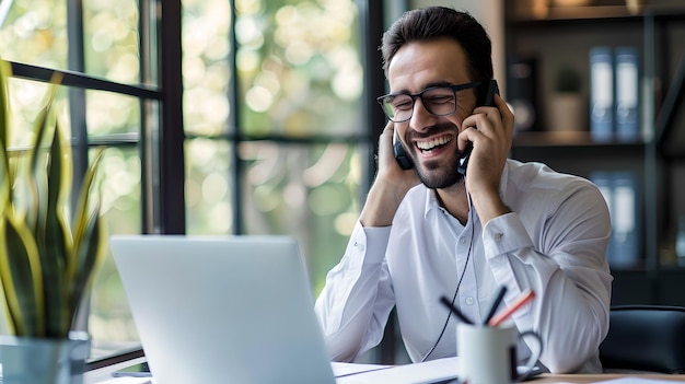 Empresario sonriente con ropa casual teniendo una conversación alegre por teléfono Profesional trabajando en una computadora portátil en una oficina moderna Lugar de trabajo estilo de vida y comunicación IA