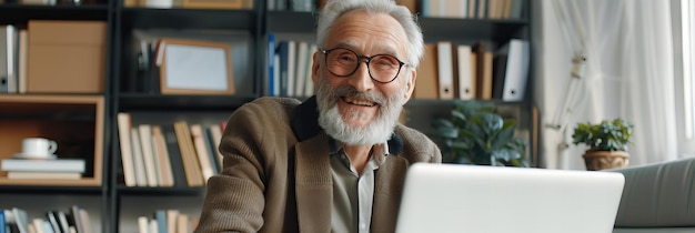 Empresario sonriente trabajando en una computadora portátil en una oficina moderna