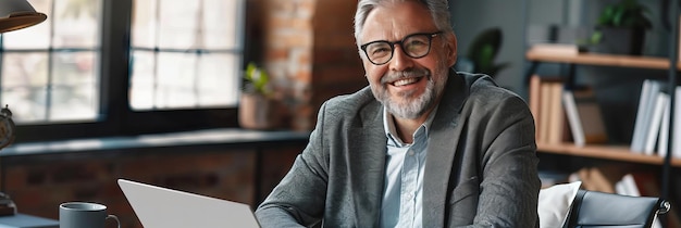 Empresario sonriente trabajando en una computadora portátil en una oficina moderna