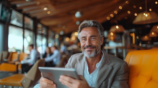 Un empresario sonriente usando una tableta en la sala de espera del aeropuerto