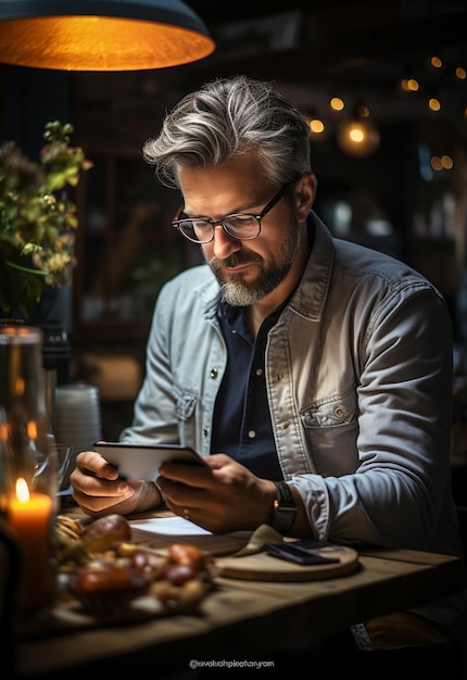 empresário sorridente em óculos sentado à mesa no café com computador portátil enquanto usa smar