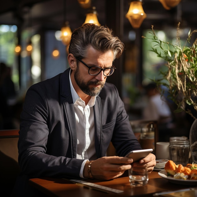 empresário sorridente em óculos sentado à mesa no café com computador portátil enquanto usa smar