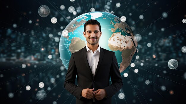 Empresário sorridente em pé com ícone de globo conjunto conceito de web mundial Conjunto de símbolos da web do planeta ícone do planeta